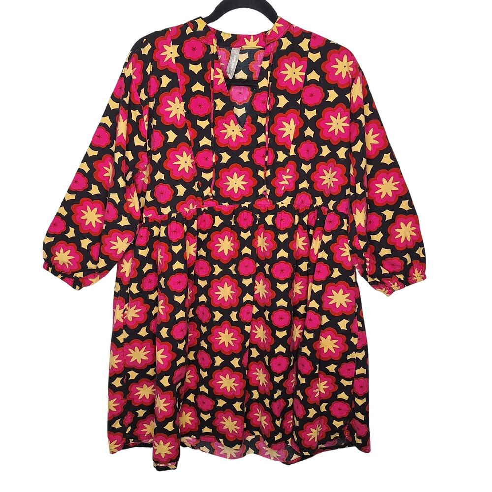 Mata Traders Babydoll Dress Medium Geometric Floral Pockets 3/4 Sleeves Boho